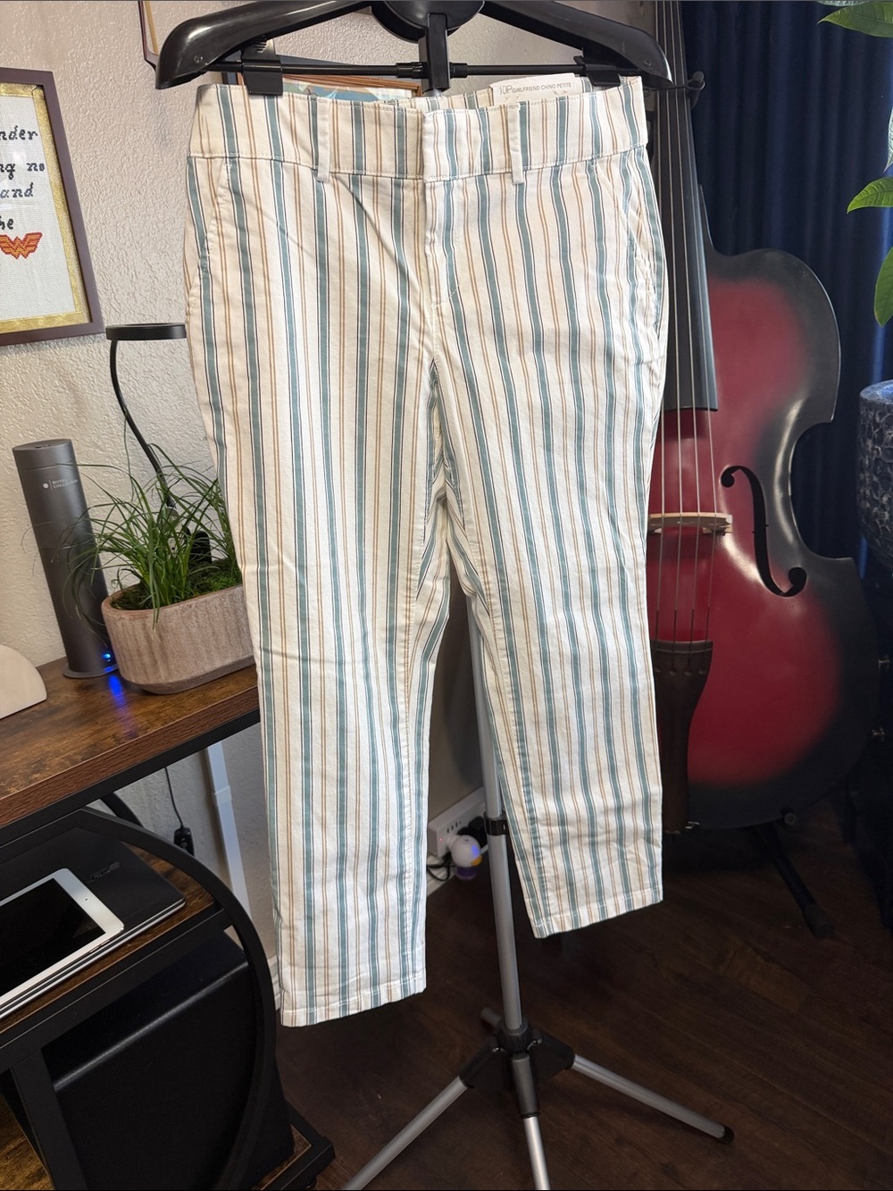 LOF Cream Pants with Blue & Tan Vertical Stripes - Straight Leg